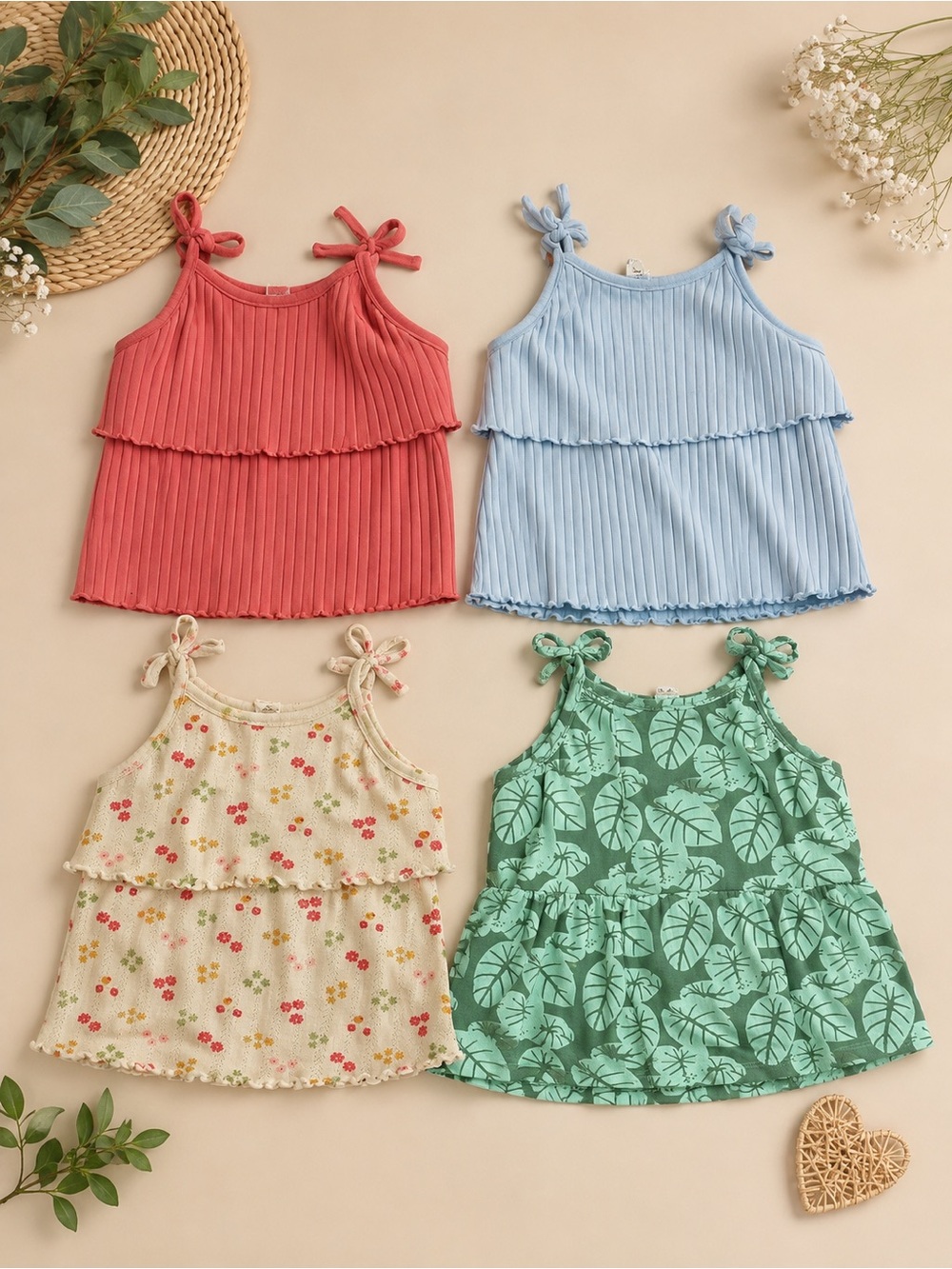 kate quinn Girls' Coral, Light Blue, Cream Floral & Mint Leaf Tank top Set